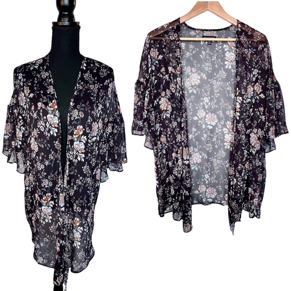 American Eagle Womens Floral Flutter Sleeve Kimono Size XS Semi Sheer Black Blue - Picture 1 of 13